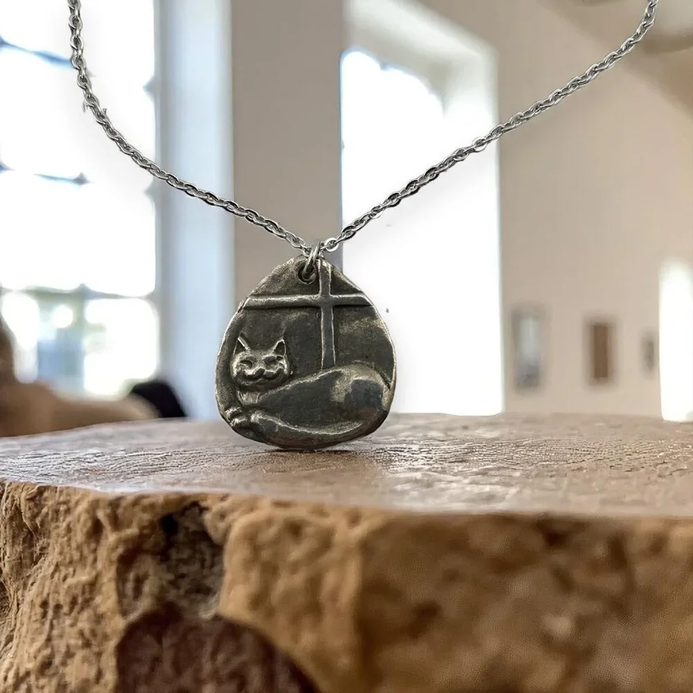 Pewter Cat in a Window Necklace Double Sided Pendant - Picture 1 of 7